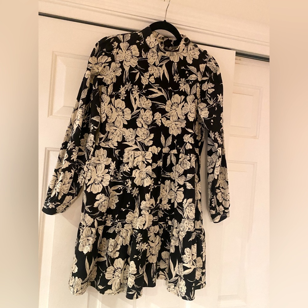 NWT ZARA XS long black white floral seersucker top / short dress Algodon Cotton